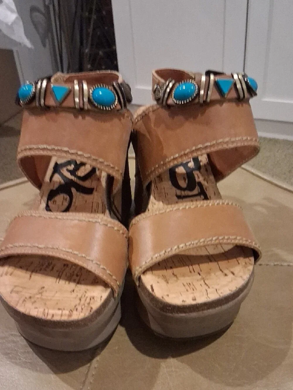 OTBT Wedge Sandals with Turquoise Accents - Tan